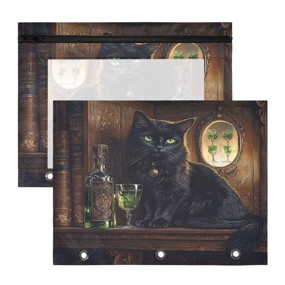 Wobogo Black Cat with Absinthe A4 Size Clear Polyester File Pocket Set of 2 Zipper Home Work Office Organizer