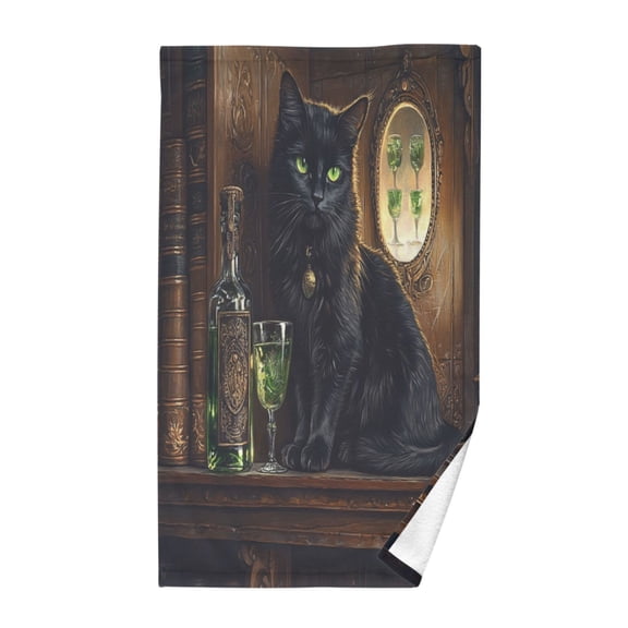 Wobogo Black Cat with Absinthe Face Towel Soft Breathable Cotton Towel Set for Bathroom Kitchen Hotel Spa Gift Decor