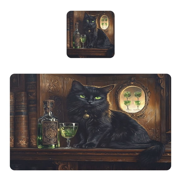 Wobogo Black Cat with Absinthe Placemats Coasters Set of 1 Heat-resistant Non-slip Easy to Clean Square Dinner Plate Mat