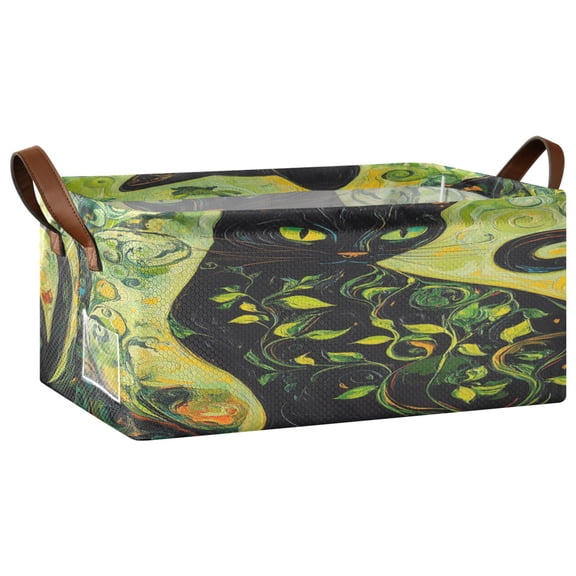 Wobogo Black Cat with Vines Storage Basket Soccer Plaid Fabric Oversized Collapsible Hoard Box with Metal Iron Frame 16.9×11.4×7.7in