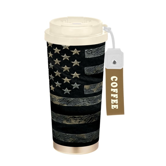 Wobogo Black Design American Flag Double Drinking Coffee Cup Insulated Mug with Food-grade 316 Stainless Steel Beige Lid