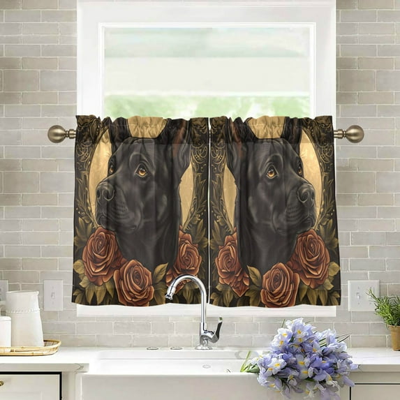 Wobogo The Black Dog with Red Rose Kitchen Curtains 2 Piece Set Farmhouse Country Style Light Filtering Small Window Drapes Suitable for Bathroom Laundry Room and RV 27x24in