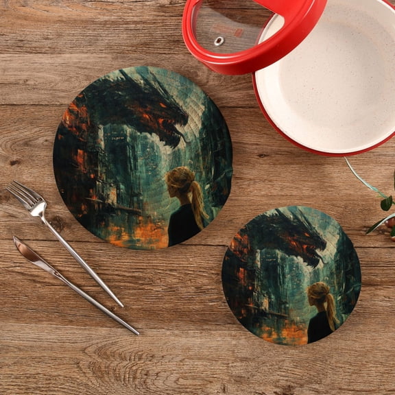 Wobogo Black Dragon Trivets Potholders Set of 2 Cotton Woven Round Hot Plate Mats for Hot Dishes Bowls Teapots