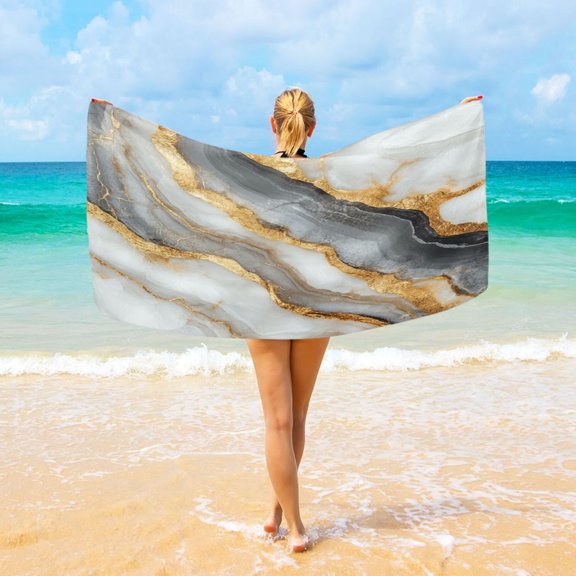 Wobogo Black Gold Marble Pattern Beach Towel Sand Free Quick Dry Absorbent Thin Compact Towels for Vacation Trips to Swimming Pool Camping Beaches