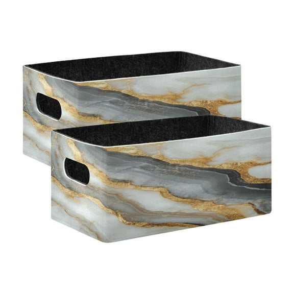 Wobogo Black Gold Marble Pattern Decorative Folding Storage Basket Set of 2 for Desktop Bedroom Living Room Dressing Table