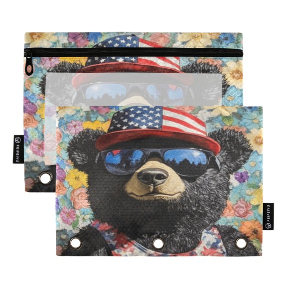 Wobogo Black Teddy Bear Pencil Pouch with 3 Ring Binder Holes Set of 2 for Learning Tools