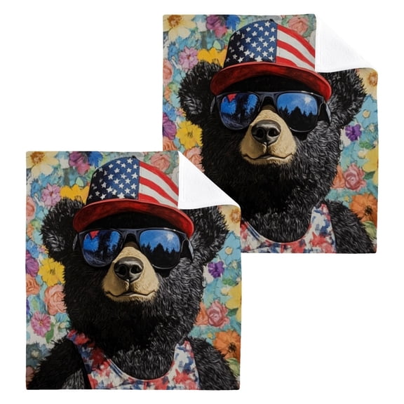 Wobogo Black Teddy Bear Square Cotton Towel Set of 2 Soft and Skin-friendly with Good Absorbency 12×12in