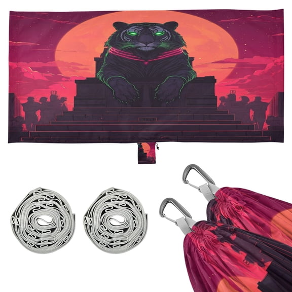 Wobogo Black Tiger with Glowing Green Eyes Camping Hammocks 330 lb Capacity with Tree Straps and Hanging Pockets for Outside Hiking Beach Backpack Travel
