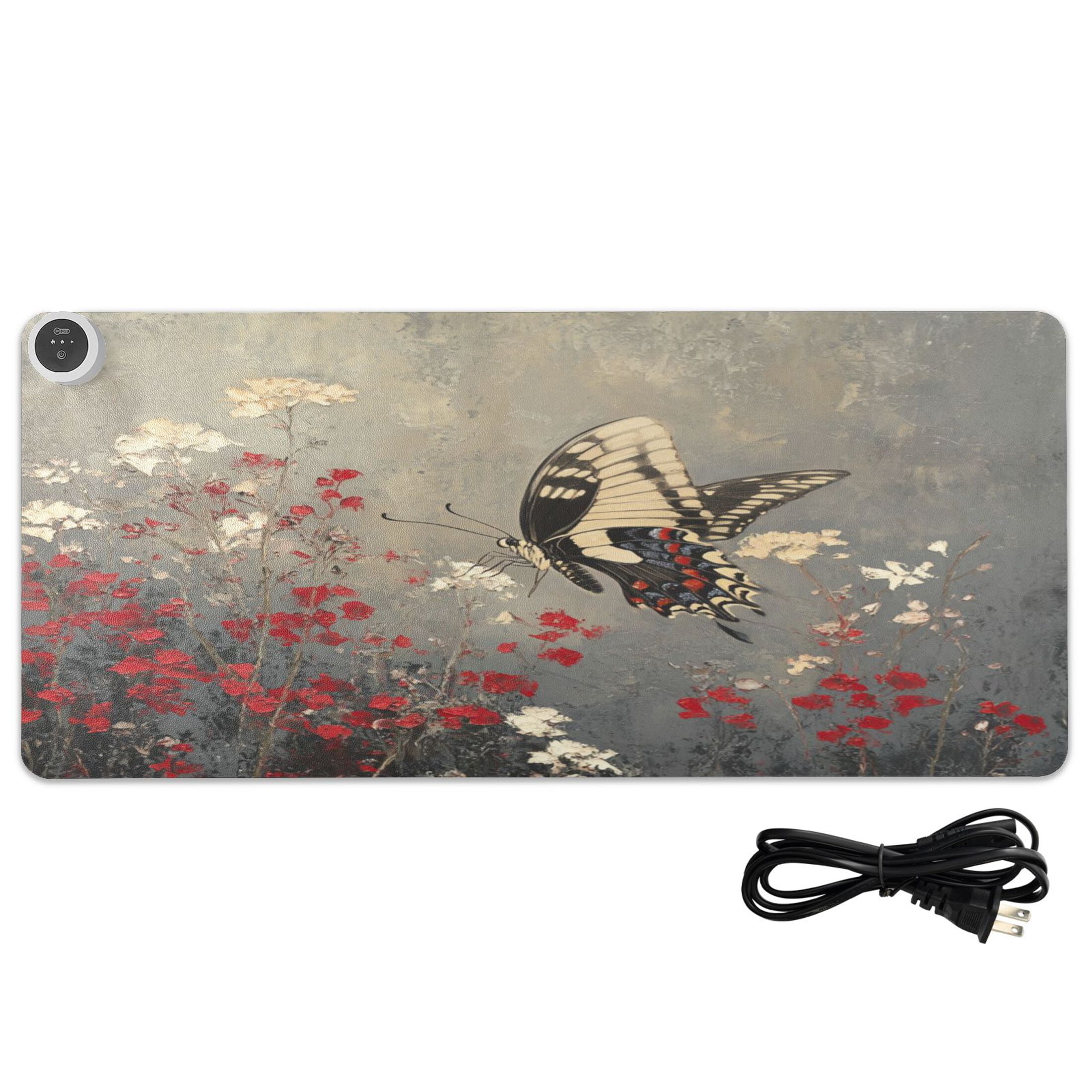 Wobogo Black and White Butterfly Heated Mouse Pad Extra-Large Desk Mat With 3 Heating Levels and 3-hour Auto Shut-Off Protection Ideal for Computer Keyboards Home Office Hand-warming Essential 31.5in