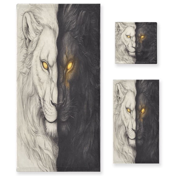 Wobogo Black and White Lion Ultra Soft 3 Pack Cotton Towel Set Includes 1 Bath Towel 1 Face Towel and 1 Washcloth for Everyday Use Lightweight and Compact