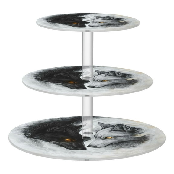Wobogo Black White Wolf Pattern 3 Tier Acrylic Cake Stand with Clear Round Hold for Wedding Holiday Birthday Baby Shower Tea Party