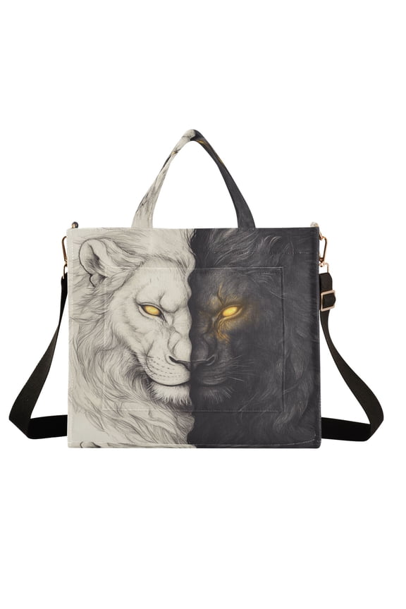 Wobogo Black and White Lion Corduroy Tote Bag for Women Travel Crossbody Bag Purse Women Shoulder Bags Work Handbags Daily Commuter Bag 10.2×9inch