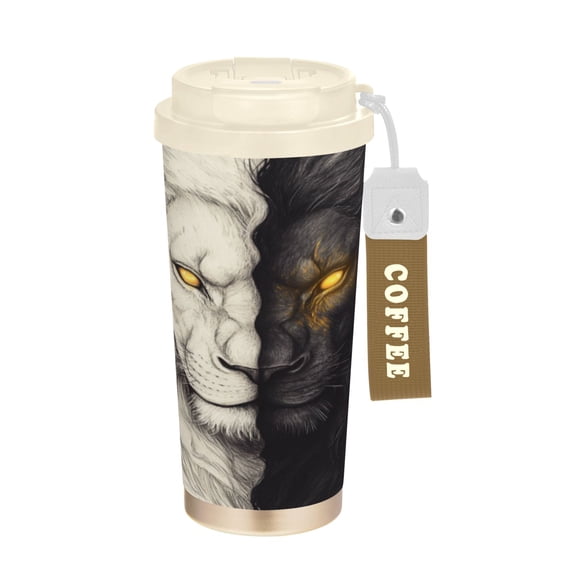 Wobogo Black and White Lion Double Drinking Coffee Cup Insulated Mug with Food-grade 316 Stainless Steel Beige Lid