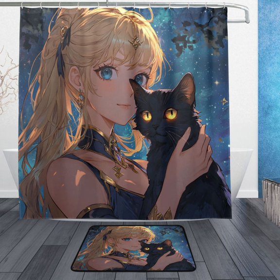 Wobogo Blonde Hair Lass Bathroom Shower Curtain Set with Floor Mat and Hooks Ultra Waterproof Visible Slider Beads