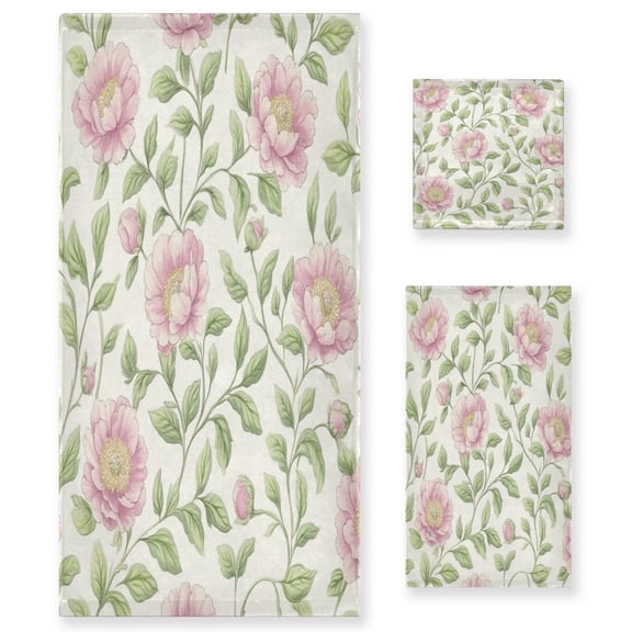 Wobogo Blooming Pink Peonies Ultra Soft 3 Pack Cotton Towel Set Includes 1 Bath Towel 1 Face Towel and 1 Washcloth for Everyday Use Lightweight and Compact