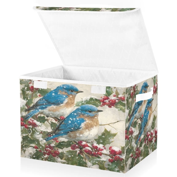 Wobogo Blue Birds Large Collapsible Storage Box Flip Lid Fabric Decorative Organizer Container Basket with Handles 16.512.611.8in