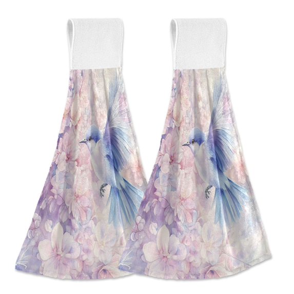 Wobogo Blue Birds Pink Flowers Hand Towel Set of 2 Absorbent for Kitchen and Bathroom With Velcro Hanging Loop 18.2×14in
