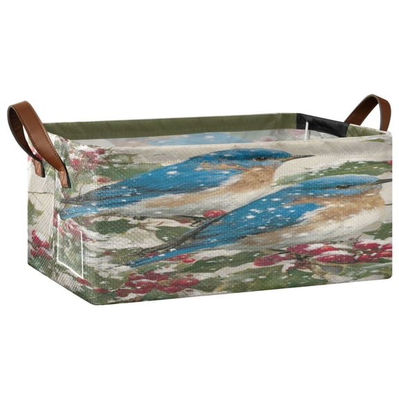 Wobogo Blue Birds Storage Basket Soccer Plaid Fabric Oversized Collapsible Hoard Box with Metal Iron Frame 16.9×11.4×7.7in