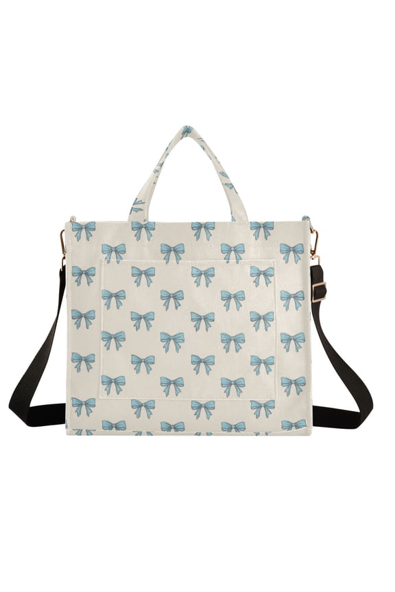 Wobogo Blue Bow Corduroy Tote Bag for Women Travel Crossbody Bag Purse Women Shoulder Bags Work Handbags Daily Commuter Bag 10.2×9inch