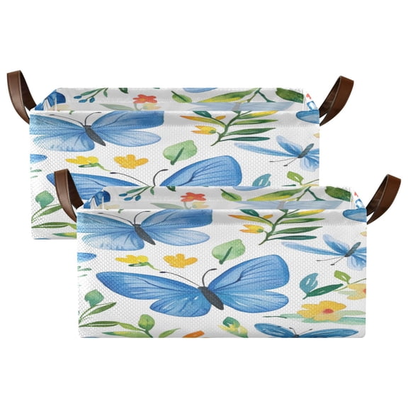 Wobogo Blue Butterfly Storage Basket Soccer Plaid Fabric Oversized Collapsible Hoard Box with Metal Iron Frame Two Piece Set 16.9×11.4×7.7in