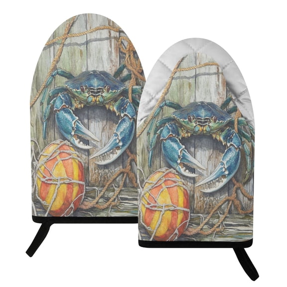 Wobogo Blue Crab Heat Resistant Oven Mitts Quilted Cotton Kitchen Gloves with Hanging Loop for Cooking BBQ Microwave