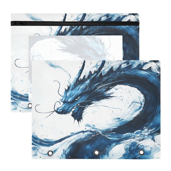 Wobogo Blue Dragon A4 Size Clear Polyester File Pocket Set of 2 Zipper Home Work Office Organizer