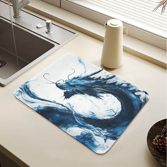 Wobogo Blue Dragon Dish Drying Mats Diatomaceous Earth Super Absorbent Non-slip Rubber Sole 19.7×15.7in