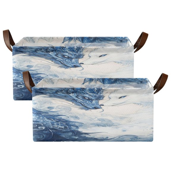 Wobogo Blue Dragon and White Fox Storage Basket Soccer Plaid Fabric Oversized Collapsible Hoard Box with Metal Iron Frame Two Piece Set 16.9×11.4×7.7in