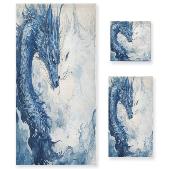 Wobogo Blue Dragon and White Fox Ultra Soft 3 Pack Cotton Towel Set Includes 1 Bath Towel 1 Face Towel and 1 Washcloth for Everyday Use Lightweight and Compact