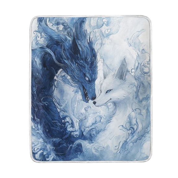 Wobogo Blue Dragon and Fox Flannel Fleece Bed Blanket as Bedspread Coverlet Sofa blankets (80x60in) Soft Lightweight Warm and Cozy