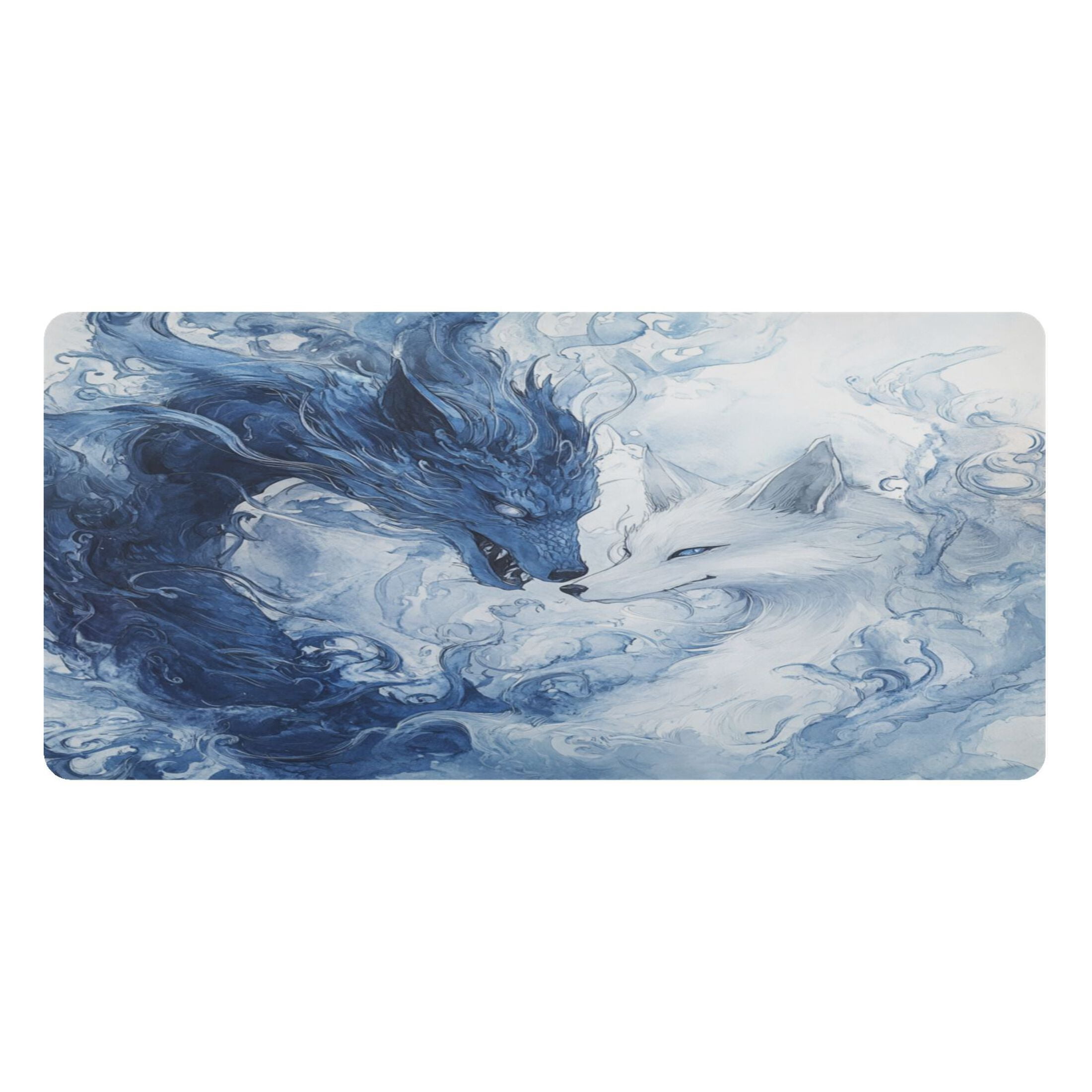 Wobogo Blue Dragon and Fox Gaming Mouse Pad Non-slip Leather Desk Mat Water Resist Keyboard Pad for Gamer Office 16.5×35.4in