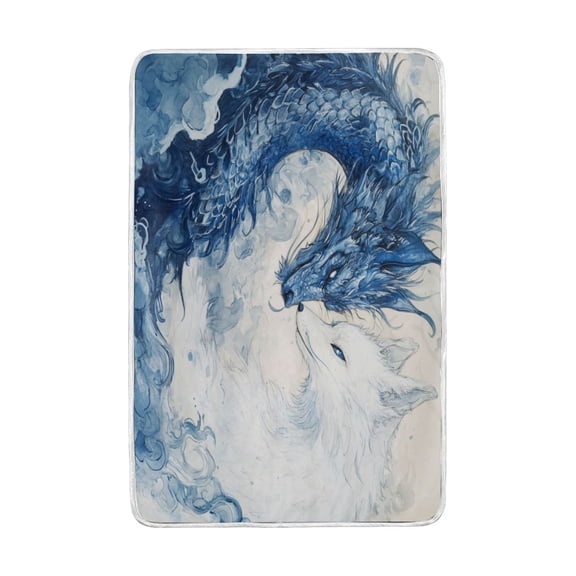 Wobogo Blue Dragon and White Fox Flannel Fleece Bed Blanket as Bedspread Coverlet Sofa Blankets (90x60in) Soft Lightweight Warm and Cozy