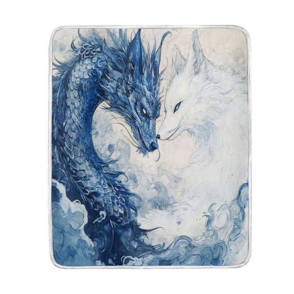 Wobogo Blue Dragon and White Fox Flannel Fleece Bed Blanket as Bedspread Coverlet Sofa blankets (80x60in) Soft Lightweight Warm and Cozy