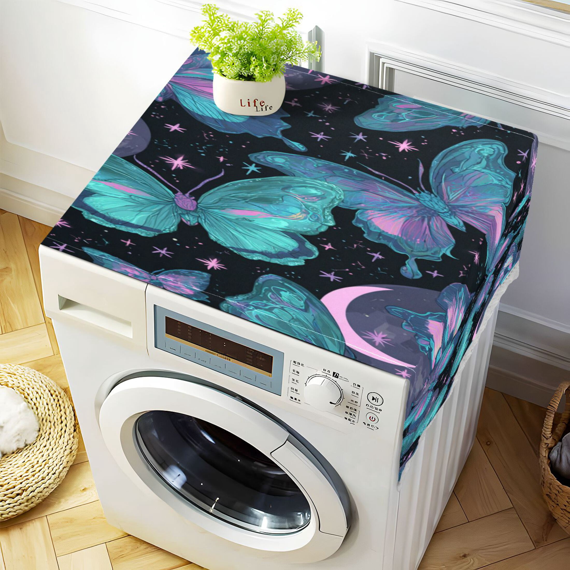 Wobogo Blue Green Butterfly Washing Machine Cover Dustproof Washer Dryer Cover Waterproof Laundry Room Decorative Protector