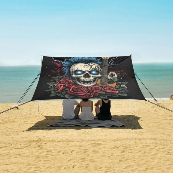 Wobogo Blue Hair Skull Guitar Pattern Beach Tent Camping Sun Shelter 110 x 125in UPF50+ Outdoor Shade for Trips Fishing Picnics