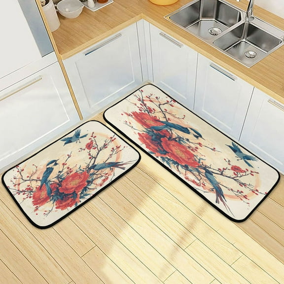 Wobogo Blue Magpie Kitchen Carpet Set of 2 Absorbent and Stain Resistant Non-slip Star Rubber Backing