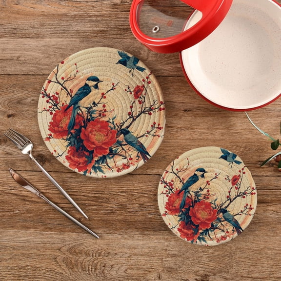 Wobogo Blue Magpie Trivets Potholders Set of 2 Cotton Woven Round Hot Plate Mats for Hot Dishes Bowls Teapots