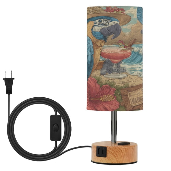 Wobogo Blue Parrot Bedside Lamp Touch Control Table Lamp with USB A+C Charging Ports & AC Outlet 3-Way Dimmable Nightstand Lamp with Linen Fabric Shade for Bedroom Living Room
