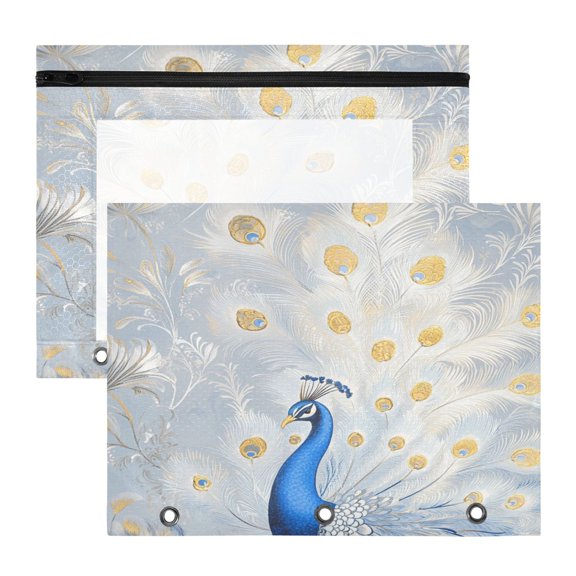 Wobogo Blue Peacock A4 Size Clear Polyester File Pocket Set of 2 Zipper Home Work Office Organizer