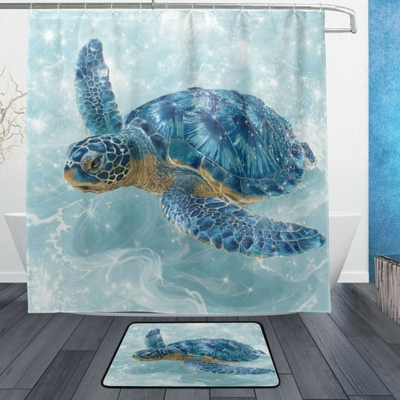 Wobogo Blue Sea Turtle Bathroom Shower Curtain Set with Floor Mat and Hooks Ultra Waterproof Visible Slider Beads