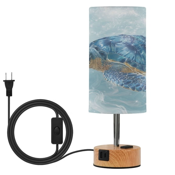 Wobogo Blue Sea Turtle Bedside Lamp Touch Control Table Lamp with USB A+C Charging Ports & AC Outlet 3-Way Dimmable Nightstand Lamp with Linen Fabric Shade for Bedroom Living Room