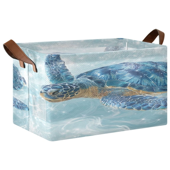 Wobogo Blue Sea Turtle Storage Basket 16.9×11.4×10in Collapsible Oversized with Metal Iron Frame