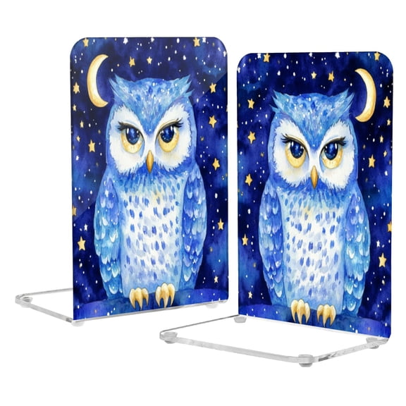 Wobogo Blue Starry Owl Acrylic Bookends Clear L-Shaped Book Holder with Non-Slip Pads for Books Files Magazines CD DVD 5.44.18.1in
