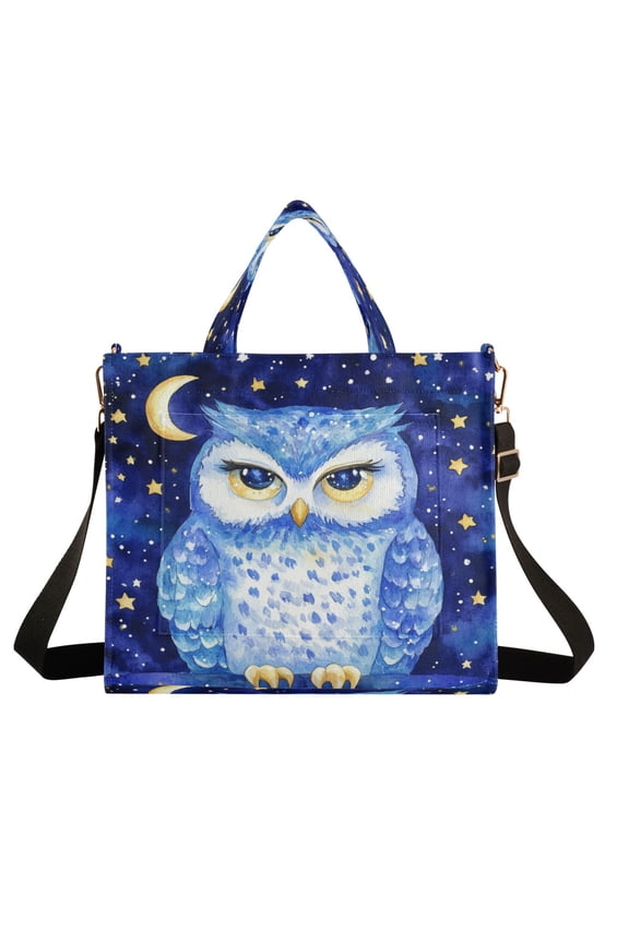 Wobogo Blue Starry Owl Corduroy Tote Bag for Women Travel Crossbody Bag Purse Women Shoulder Bags Work Handbags Daily Commuter Bag 10.2×9inch