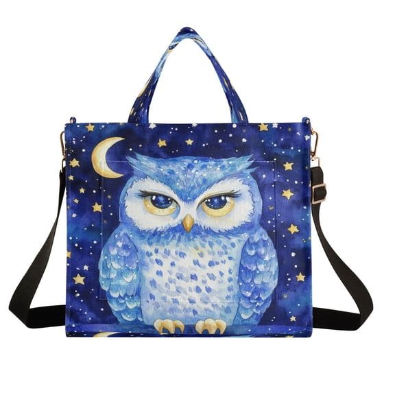 Wobogo Blue Starry Owl Corduroy Tote Bag for Women Travel Crossbody Bag Purse Women Shoulder Bags Work Handbags Daily Commuter Bag 13.7×12.2inch