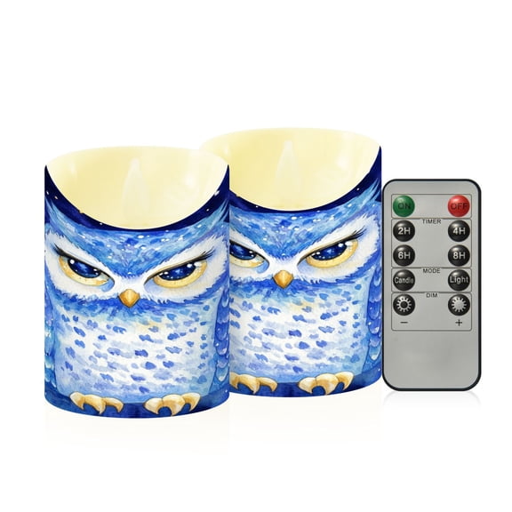 Wobogo Blue Starry Owl Flameless Candles with Remote Battery Operated Flickering LED Candles with Timer 2/4/6/8H Small Size