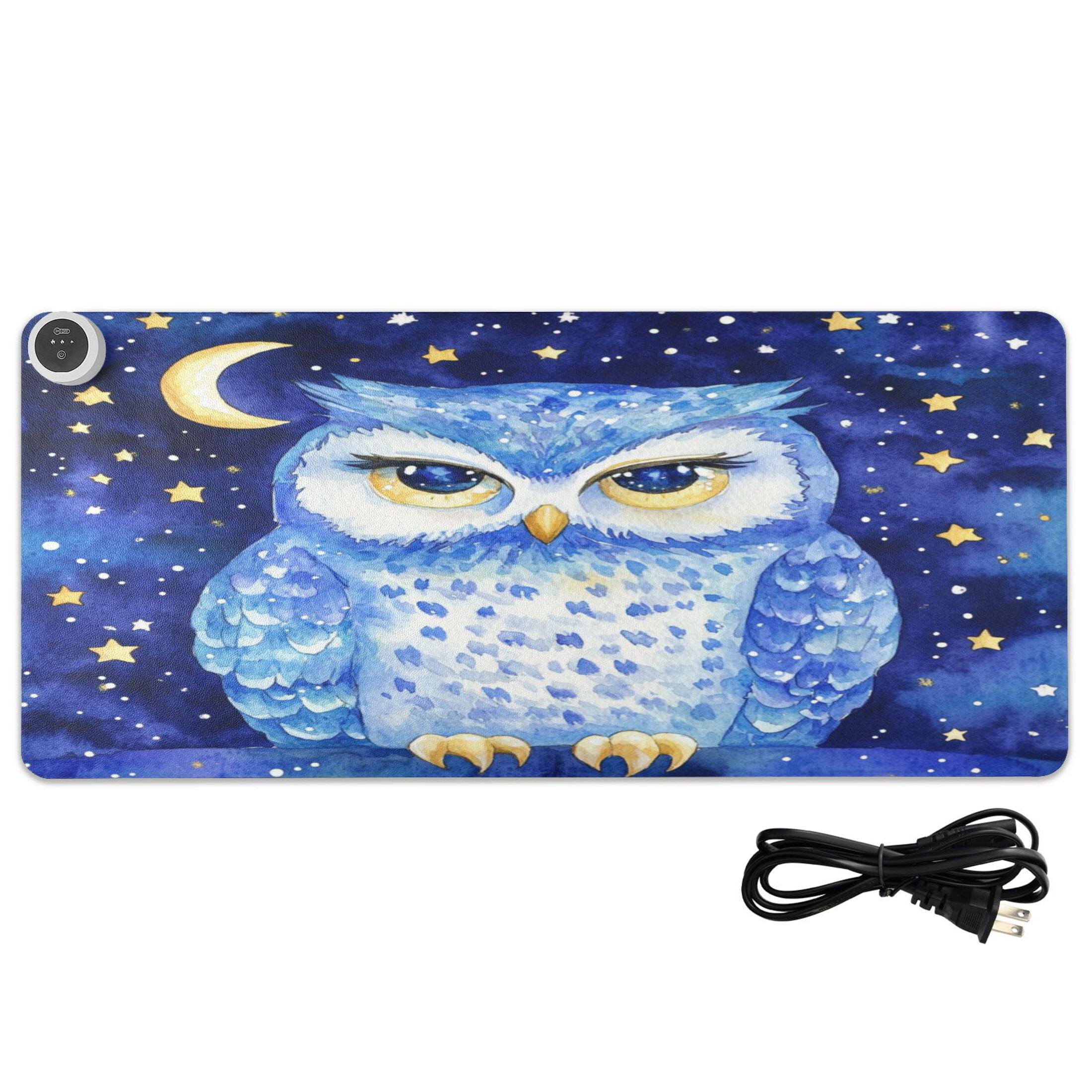 Wobogo Blue Starry Owl Heated Mouse Pad Extra-Large Desk Mat With 3 Heating Levels and 3-hour Auto Shut-Off Protection Ideal for Computer Keyboards Home Office Hand-warming Essential 31.5in × 13in
