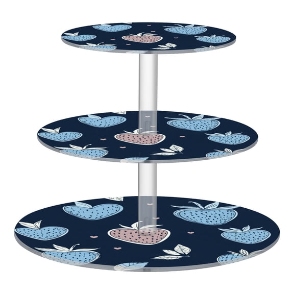 Wobogo Blue Strawberry Pattern 3 Tier Acrylic Cake Stand with Clear Round Hold for Wedding Holiday Birthday Baby Shower Tea Party