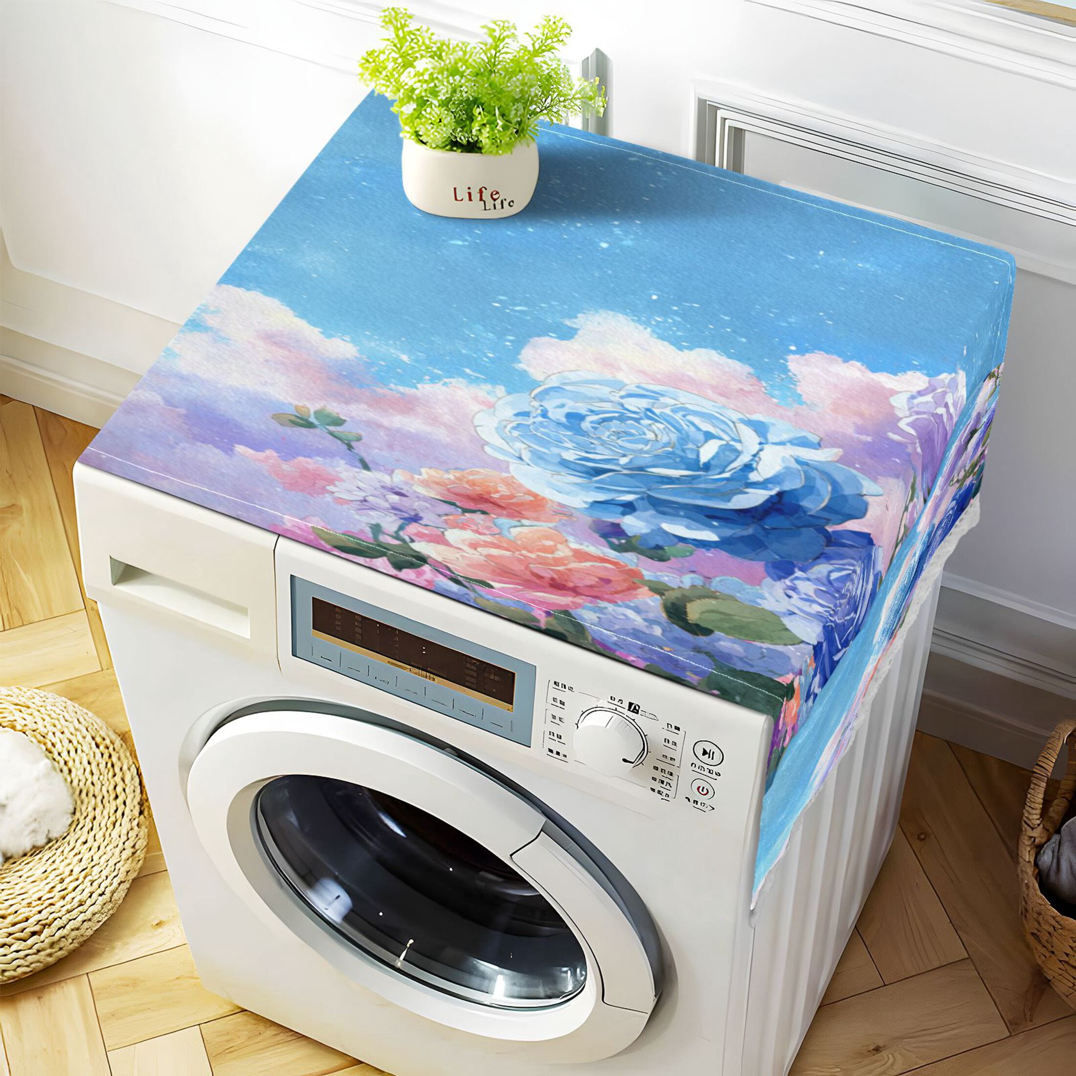 Wobogo Blue and White Rose Washing Machine Cover Dustproof Washer Dryer Cover Waterproof Laundry Room Decorative Protector