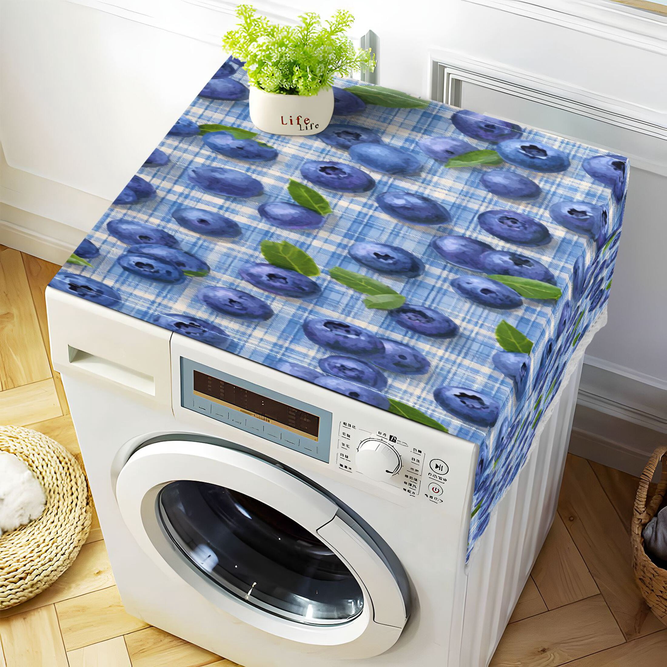 Wobogo Blueberry Gingham Washing Machine Cover Dustproof Washer Dryer Cover Waterproof Laundry Room Decorative Protector